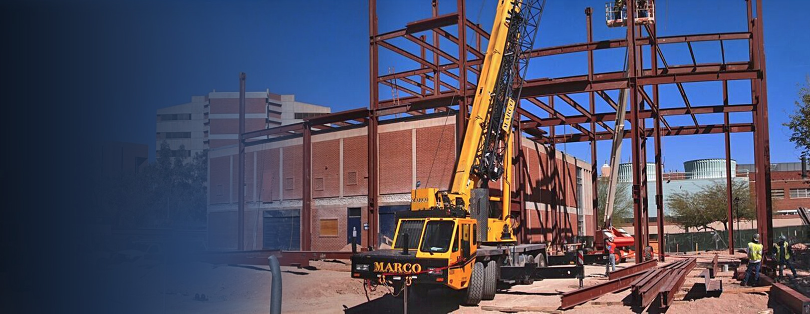 crane raising beams for a new building